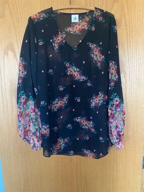 CAbi Black Floral V-Neck Long Sleeve Blouse